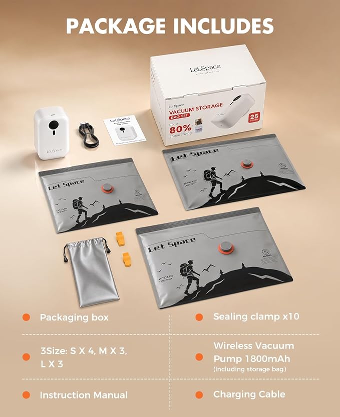 Vacuum Storage Bags with Electric Pump,Supports -60kPa Vacuum Seal Bags for Clothing Included, Travel Bags with Portable Cordless Pump, Compatible with Bags 10 Combo Set - Image 9
