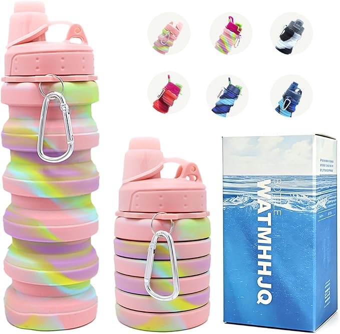 Silicone Collapsible Sports Water Bottles 500ml 16oz,Leak proof Twist Cap BPA Free Retractable for Home Outdoor,Biking,Hiking Portable Water Bottle Cups(1#Pink) by WATMHHJQ