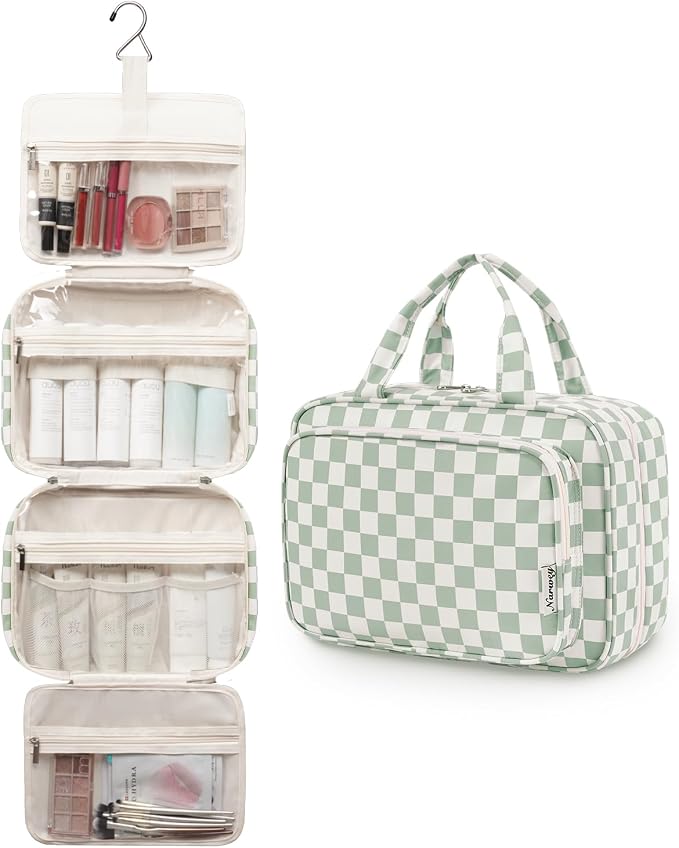 Narwey Travel Toiletry Bag for Women Large Capacity, Hanging Makeup Bag Organizer Toiletries Bag for Full Size Essentials, Accessories, Brushes, Cosmetics (Mint Green Checkerboard (Large)) - Image 4