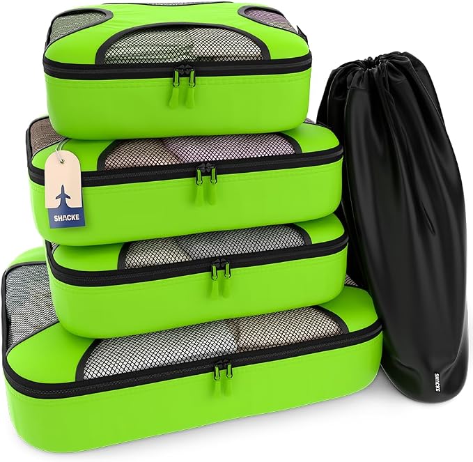 Shacke 5 Set Packing Cubes for Travel with Laundry Bag (Green Grass) | Suitcase Organizer Bags Set: 4 Water-Resistant Luggage Cubes, XL to Small, + Laundry Bag for Carry-On or Checked by Shacke