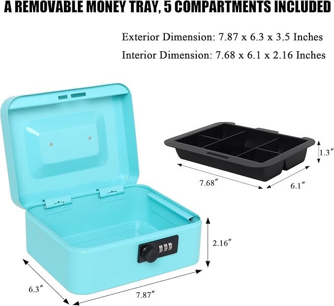 Jssmst Medium Cash Box with Combination Lock - Durable Metal Cash Box with Money Tray,light blue,7.87 x 6.3 x 3.35 inches - Image 2