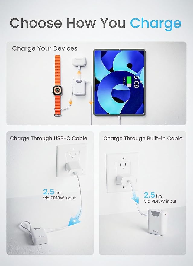 M1 Mini Portable Charger, 10000mAh Ultra-Compact Power Bank, 22.5W PD Fast Charging, Tpye-C Built-in Cable, Small External Battery Pack for iPhone, Samsung, Android iPad (White) - Image 4
