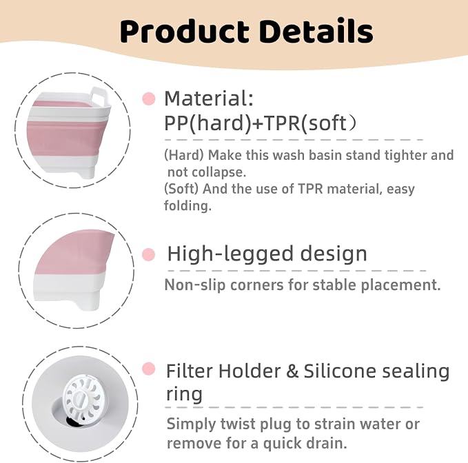 Collapsible Wash Basin for Baby Bottles - 2.4 Gallons Portable Wash Bin for RV Camping Sink, Space-Saving Dish Tub (Pink) - Image 4