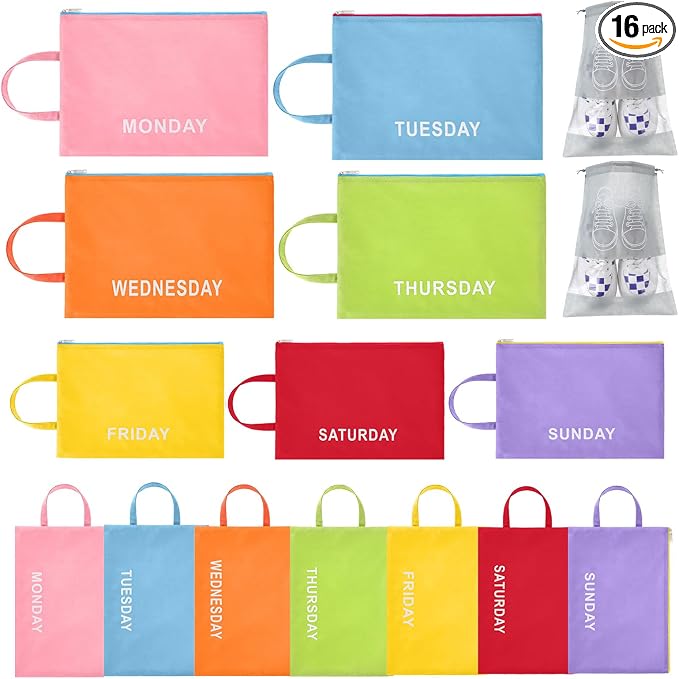 Colarr 16 Pack Days of Week Packing Cubes for Travel, Daily Outfit Clothing Organizer Bags with Drawstring Shoe Bag Storage Suitcase Luggage Packing Organizers for Summer Vacation Camp Essentials by Colarr