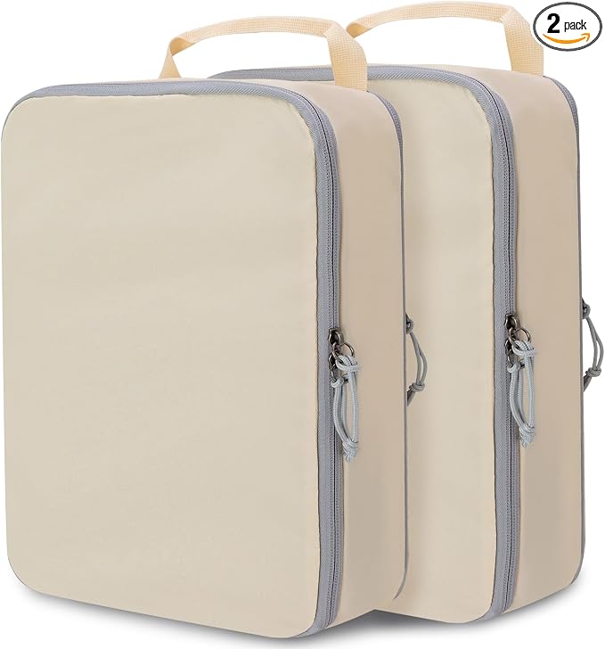 Compression Packing Cubes for Travel Suitcase Organizer Bags, Beige, L | Expandable Travel Cubes for Packing Luggage Organizer Bags Compression Bags for Travel Essentials by CALACH