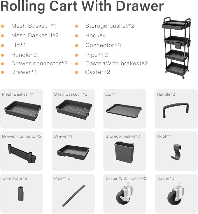 4 Tier Rolling Utility Cart with Drawer,REBECAT Utility Cart Made of Multifunctional Storage Organizer Tool for Kitchen,Bathroom,Living Room,Office(Black) - Image 4