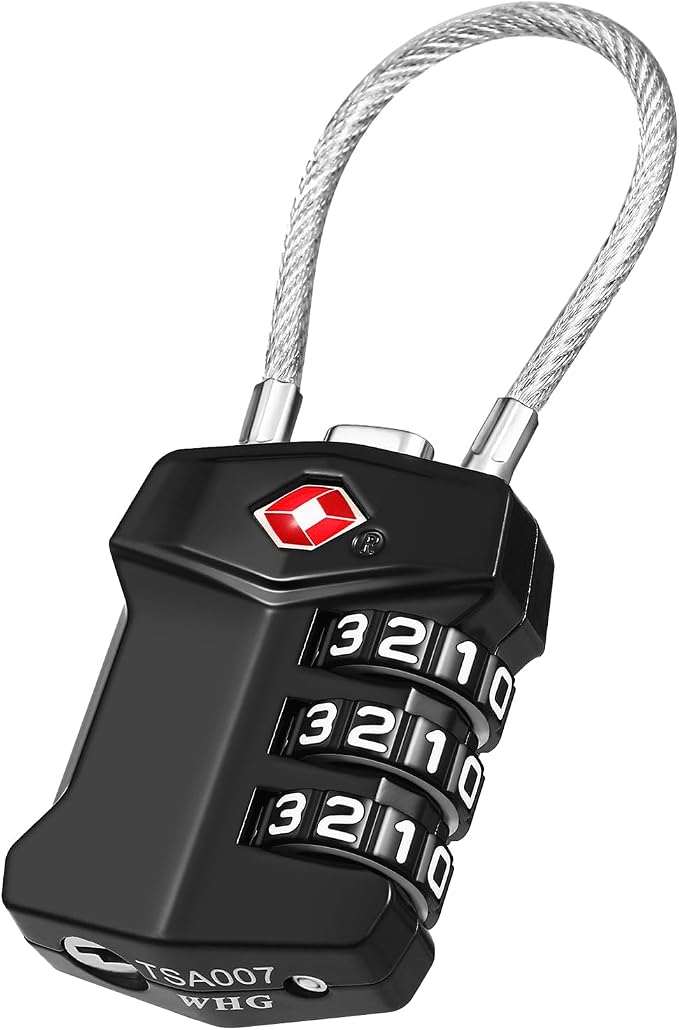 ZHEGE TSA Approved Cable Luggage Lock, Travel Lock, Keyless Padlock (Black) | 3 Digit Combination for Suitcase, Backpack, Bag, Toolbox, Gym Locker - Easy to Read & Use for All Ages by ZHEGE