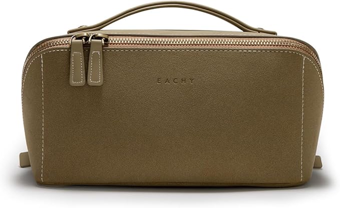 EACHY Travel Makeup Bag for Women, Faux Suede Cosmetic Bag, Green, Medium | Faux suede organizer with flat-open access, clear TPU brush pocket and carry handle for daily makeup, toiletries and travel by EACHY
