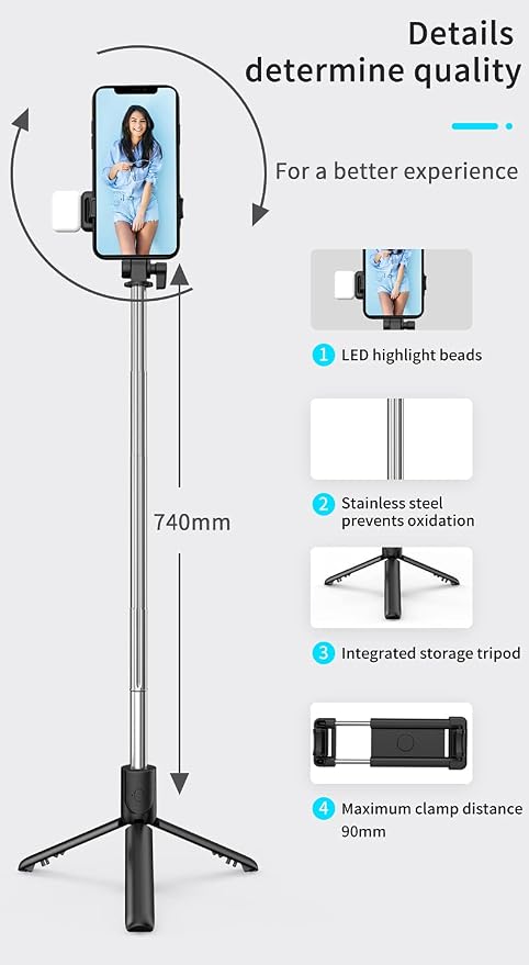PINHEN Selfie Stick Tripod with Light, Extendable 360° Rotation Tripod Stand with Detachable Wireless Remote 3 in 1 Portable Mobile Phone Holder Compatible with iPhone Android Sansung(Pink+Light) - Image 2