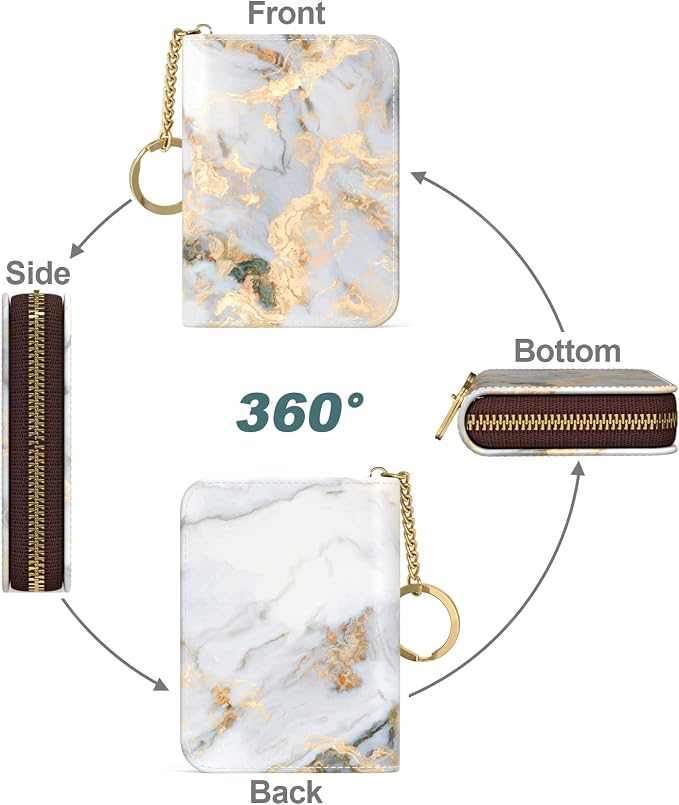 Nipichsha Women's Gray Gold Marble Leather Slim RFID Wallet, Compact Size, 12-Slot with Zipper and Keychain | Leather Card Holder Wallet, Credit Card Wallet Organizer, Business Card Case with Zipper & Keychain, 12-Slot Compartment - Image 2