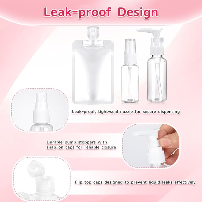 9-Pack Travel Bottles Set, Leak-Proof Refillable Containers with Clear Zipper Bag for Toiletries, Skincare, Shampoo, Lotion TSA Approved Mini Makeup Cosmetic Organizer Pouchfor Women Travel Essentials - Image 4