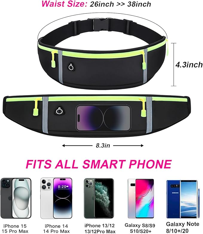 Slim Running Belt for Women Men,Runners Fanny Pack Phone Holder,Money Belt,Running Gear Accessories,with 3 Pockets (Green-black) - Image 3