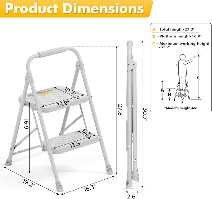 KINGRACK 2 Step Ladder, Folding Step Stool with Safety Lock & Sturdy Anti-Slip Pedals, Pass 800lbs Load Testing, Lightwegiht, Portable Steel Ladder with Handrails for Home, Kitchen, Garage, Office - Image 5