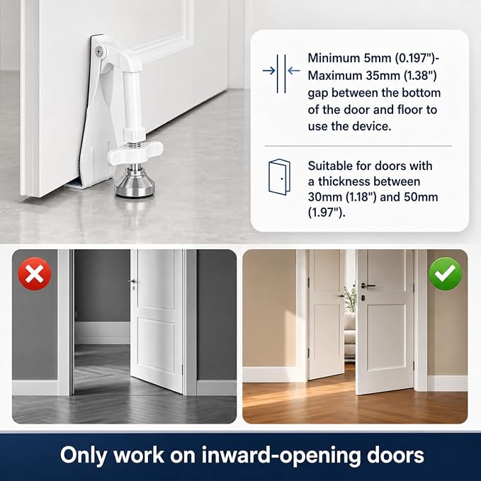 Portable Door Stopper Door Lock for Travel Anti Theft Door Blocker, Security Door Stoppers for Bottom of Door, No Drill Safety Doors Stopper Hotel Door Locks for Travelers Security (White) - Image 7