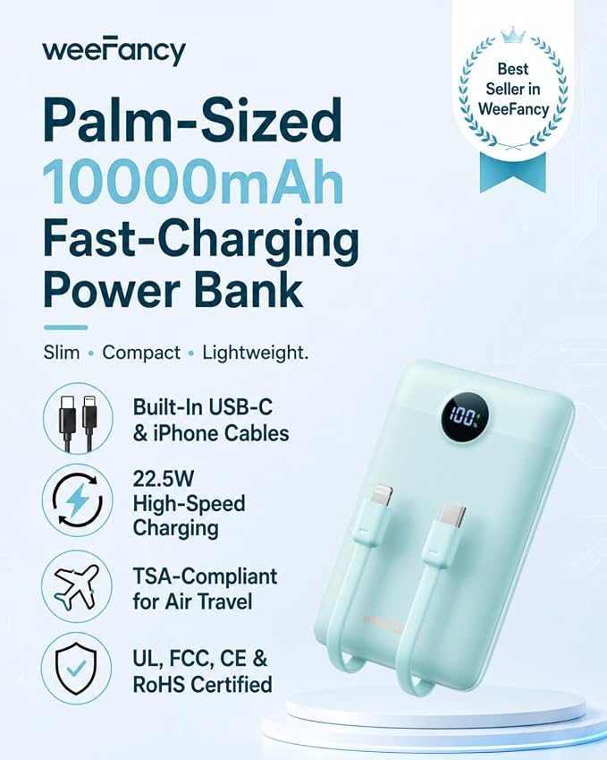 Mini Portable Charger with Built-in Cables 20W Fast Charging Power Bank USB-C Small Battery Pack 10000mAh Travel Essential Slim Battery for iPhone 17/16/15/14, Samsung 25/24, and More | with Built-in Cables Power Bank,USB-C Small Battery Pack Travel Es... - Image 2