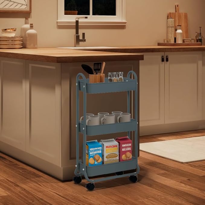 SunnyPoint Slim Rolling Storage Cart, 3 Tier Bathroom Storage Organizer Bathroom, Laundry Utility Cart (Blue) - Image 5