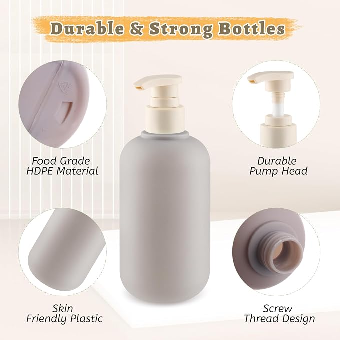 6 Pcs 10 oz Soft Plastic Bottles with Press Pump,Empty Refillable Travel Shampoo Dispenser Container for Hand Soap,Shampoo,Lotion,Body Wash,Conditioner,Silicone Funnel Included (Grey) - Image 2