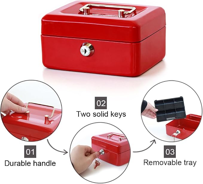 Decaller Small Cash Box with Key Lock, Double Layer Metal Money Box for Home Security, Portable Locking Box, 5.9" x 4.7" x 3.2", Red - Image 4