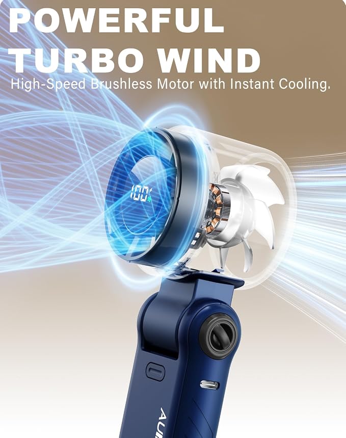 Portable Handheld Turbo Fan - 5 Speed Mini Personal Fan with Strong Airflow, Foldable 3 in 1 Rechargeable Battery Operated Trave Essentials Hand Fans for Indoor/Outdoor Use, Blue - Image 6