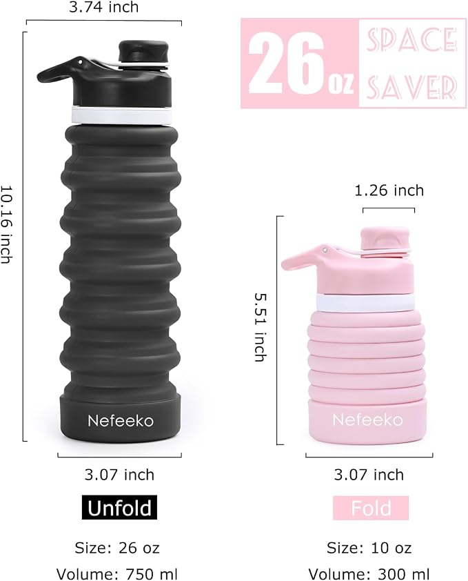 Nefeeko Collapsible Water Bottle, 26oz Silicone Foldable Water Bottles | Leakproof BPA Free Travel Water Bottles with Carabiner,Portable Sport Water Bottles for Camping,Hiking Outdoor Indoor Sport - Image 3