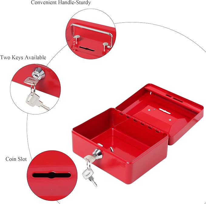 Jssmst Small Lock Cash Box, Locking Money Box for Kids with Slot on Top, Red Lock Box, 5.91 x 4.72 x 2.95 inches, CB003-R - Image 2