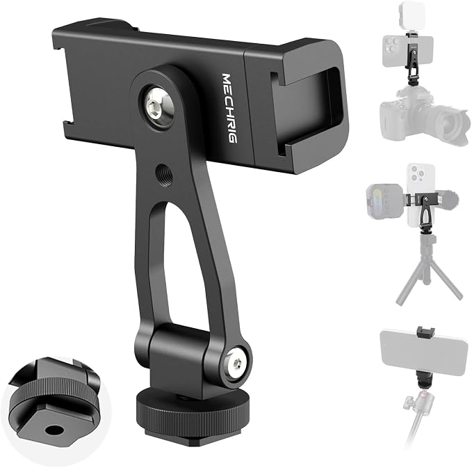 Metal Phone Tripod Mount with Cold Shoes & 1/4" Thread, 180° Tilt & 360° Rotation Tripod Phone Holder Stand for iPhone 16 Pro Max/Samsung Galaxy/All Phones/Camera/Cage/Selfie Stick (69001) by Mechrig