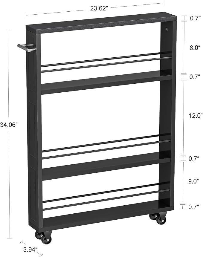 KLM Rolling Storage Cart 4-Tier Black Kitchen Cart with Wheels, Slim Storage Cart with Handle Slide Out Utility Cart Shelving Unit Organizer Trolley for Laundry Narrow Places Bathroom Small Corner - Image 6