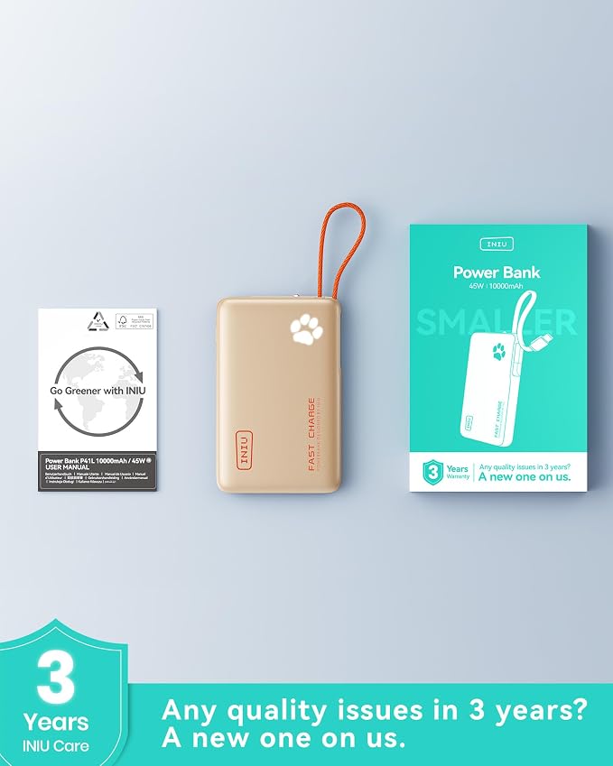 INIU 45W Fast Charging Tablet Portable Charger, Smaller 10000mAh Power Bank | Flight-Safe, Built-in USB C Cable, Flashlight, Battery Phone Pack for Tablet, iPad, iPhone 17 16, Samsung S26 etc, Beige - Image 8