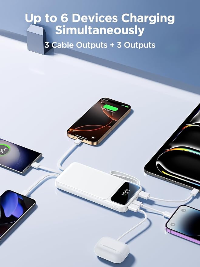 Power Bank, Portable Charger with Built in Cable 22.5W Fast Charging Battery Pack 10000mAh Slim 6 Outputs 3 Inputs LED Display Phone Charger for iPhone Samsung Pixel Moto iPad Travel Essential Gift - Image 4