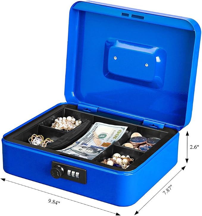 Jssmst Large Cash Box with Combination Lock – Durable Metal Cash Box with Money Tray Blue(9.8 x 7.9 x 3.5), SM-CB07002L - Image 7