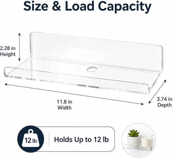 Clear Acrylic Floating Shelves, No Drill Adhesive Wall Shelves, 4 Pack | Clear Acrylic Design; 4 Pack Wall Shelves; Adhesive Mount Only; No Drill Installation; 12 lb Max Load - Image 2