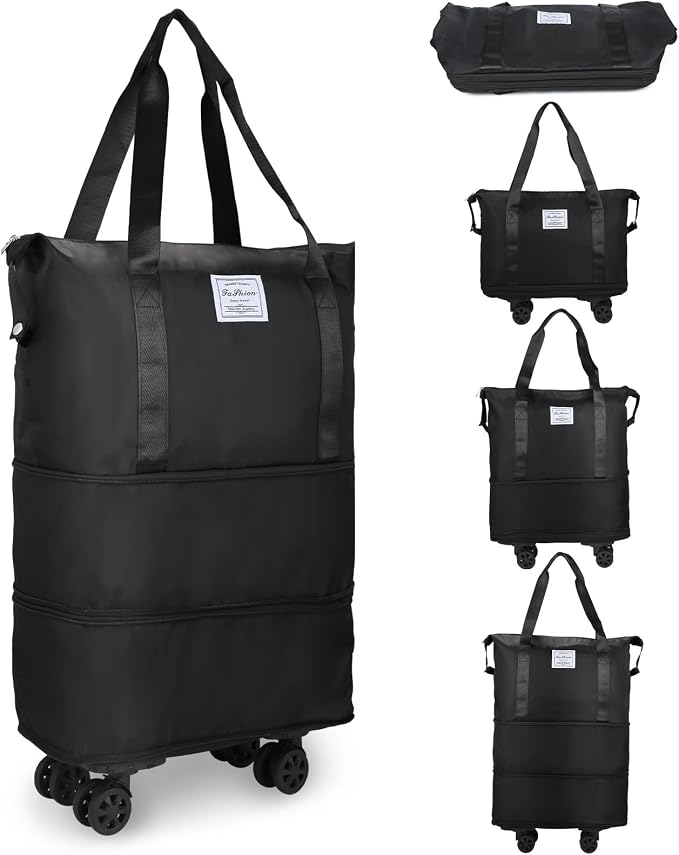 VOOWO Rolling Duffle Bag with Wheels, Expandable Foldable Duffle Bag for Travel, Rolling Under Seat Luggage Carry on Duffel Bags, Wheeled Travel Duffel Weekend Bags, Capacity 18L to 30L (Black) by VOOWO