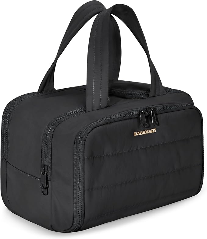 BAGSMART Travel Toiletry Bag, Lightweight Large Wide-open Travel Bag for Women, Puffy Cosmetic Makeup Bag Organizer with Handle for Accessories,Essentials, Toiletries, Black by BAGSMART