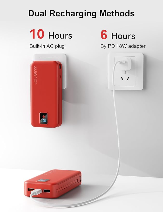 Portable Charger 20000mAh 22.5W w/Built-in Cable & Wall Plug Red | High capacity, Fast charging, Built-in cables & wall plug, LED display, Charge 5 devices at once, Pass through, TSA approved - Image 8