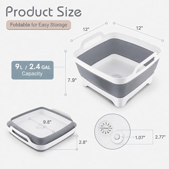 Collapsible Dish Basin with Drain Plug, Foldable Wash Basin 2.4 Gal (9L) | Portable Sink Tub for Kitchen, Baby Bottles, Camping, RV, Vegetable Washing and Beverage Tub, Gray - Image 2