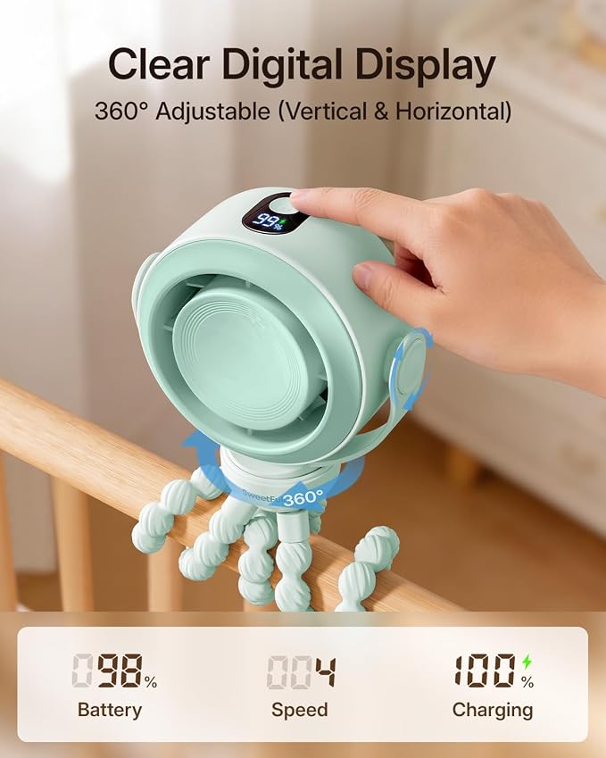 SWEETFULL Portable Stroller Fan, Pinch-Proof Baby Fan - Green | Wide Turbine Airflow; Safe Design; LED Display; 5-Speed; 30dB Quiet; USB-C Rechargeable; Mini Clip On Fan for Car Seat & Bed - Image 5
