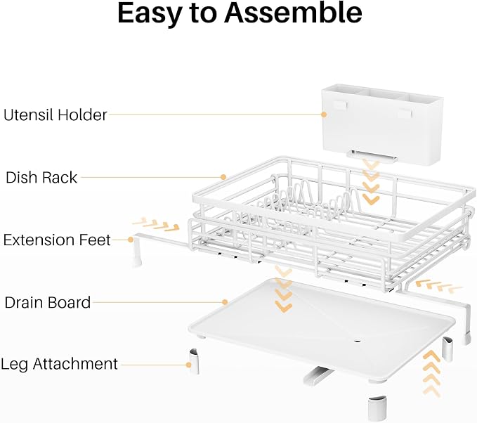 Expandable Dish Drying Rack for Kitchen Counter, Stainless Steel, White | Foldable Over Sink, Large Capacity, Adjust to Fit Most Sinks, Angled Drainboard, Removable Utensil Holder, Slip Resistant - Image 8