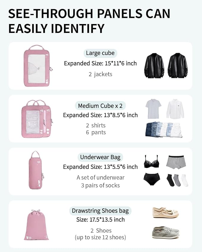 ECOHUB 5 Set Compression Packing Cubes for Suitcases Organiser Bags Set Travel Essentials with Shoe Bag for Traveling Tear-resistant Travel Accessories with ID Tag Expandable Packing Bags(Pink) - Image 6