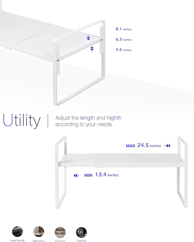 Nxconsu Cabinet Shelf Riser, Adjustable Cabinet Organizer, 12" Deep White | Heavy-Duty Metal Expandable Shelf Holds 50 lb with 3 Height Levels for Kitchen Cabinet Cupboard Pantry Dish Mug - Image 5