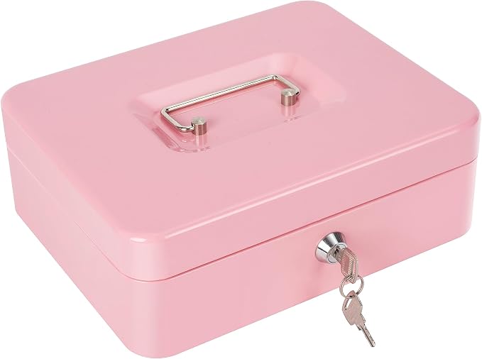 Cash Box with Lock and Money Tray Metal Money Box Large Cash Lock Box for Money 9.84" x 7.87" x 3.54" Pink Larger by Crinwaki