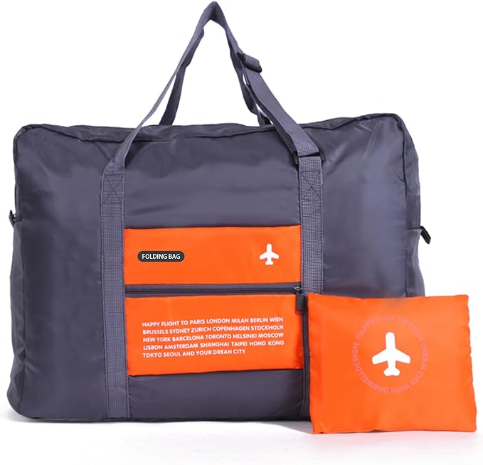 Travel Bag Spirit Airlines Personal Item Bag 18x14x8 Foldable Travel Duffel Bag Tote Carry on Luggage Duffle Overnight for Women and Men (Orange) by INVODA