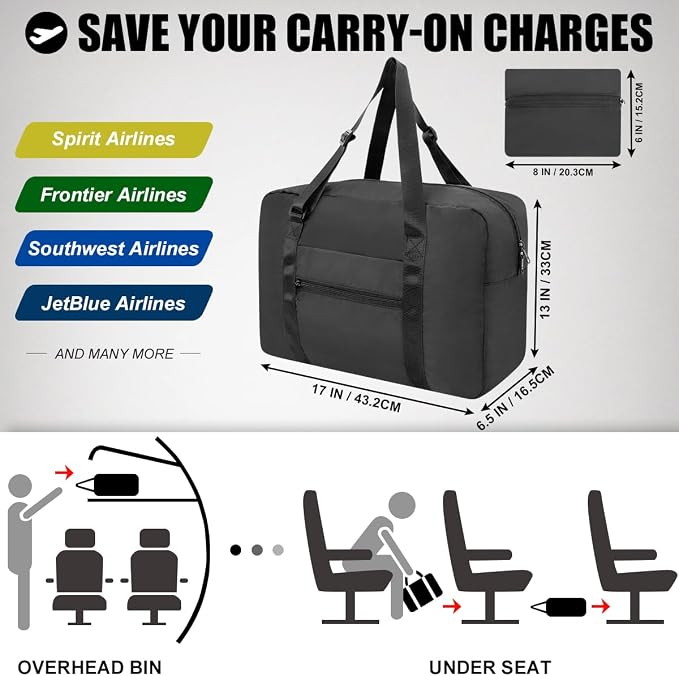 Duffle Bag for Travel Foldable Personal Item Travel Bag, 23L, Black | Carry On Duffel Bag Women Men Frontier Airlines Personal Item Bag Hospital Weekend Overnight Trips - Image 3