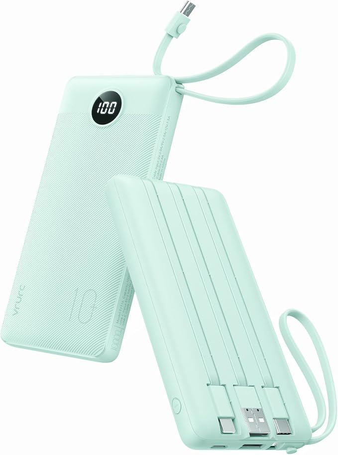 VRURC Power Bank with Built-in Cables,USB C Portable Charger for iPhone | 10000mAh Slim Charging Bank with Lanyard, Perfect for Travel, Work, School and Daily Carry-Green by Home