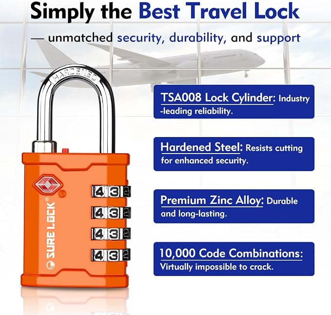 SURE LOCK TSA Approved 4 Digit Combination Lock, Heavy Duty Padlock with Red Dot Indicator for Gun Cases, Pelican Cases, Tool Boxes, Gym Lockers, Storage Units & Outdoor Gates (2, Orange) - Image 3