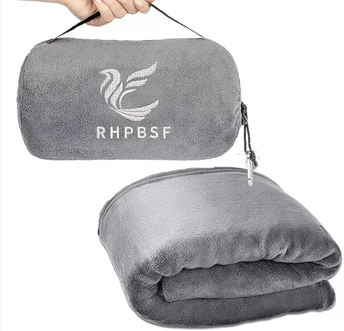 Travel Blanket Pillow 60x50 Inches Rolled Premium Soft Plush Airplane Throw Traveling Essentials Compact in a Bag Essential Gifts for Women & Toddler Airplane Accessories (Gray) by Unknown