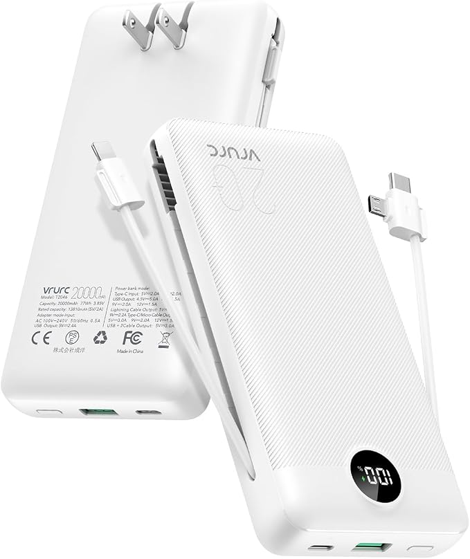 VRURC Power Bank 20000mAh, Fast Charging Portable Charger USB C,4 Output 2 Input Travel Essentials Charging Bank Equipped with LED Display,Built-in Wall Plug and Cables,Phone Charger Battery,White by Home