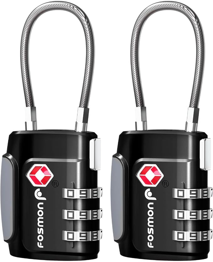 Fosmon TSA Approved Cable Luggage Locks, 3 Digit Combination, 2 Pack | Push Release Button, Long Shackle Cable Lock, Flexible Wire Padlock, Suitcase Backpack Travel, Gun Case Lock by Fosmon