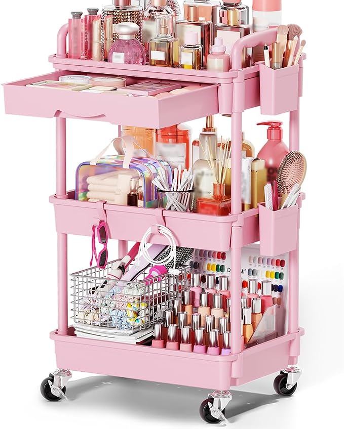 Goovilla Rolling Makeup Organizer Cart with Removable Drawer, 3 Tier Pink | Stable Floor Skincare Storage Cart for Vanity, Cosmetic Display, Nail Polish, Perfume, Hair Stuff, Beauty, Bathroom(Plastic) by Goovilla