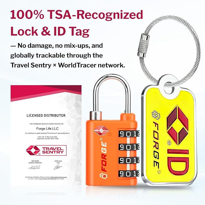 Forge Dual-Opening: Key or Combination Lock, TSA Approved Lock for Luggage, Pelican case, Travel, Gym, School, Luggage Combination Lock, Travel Bag Lock (Orange 2 Locks and 2 ID) - Image 2