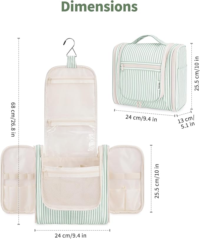 Narwey Striped Hanging Travel Toiletry Bag for Women, Travel Bag for Toiletries, Makeup Bag Organizer Cosmetic Bags Make Up Bags for Women (Mint Green Stripe) - Image 5